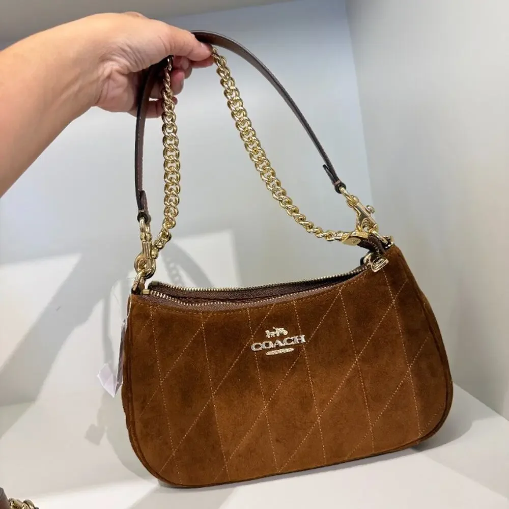 NEW‼️Coach Teri Shoulder Bag With Quilting CET35 suede/Gold/Warm Brown